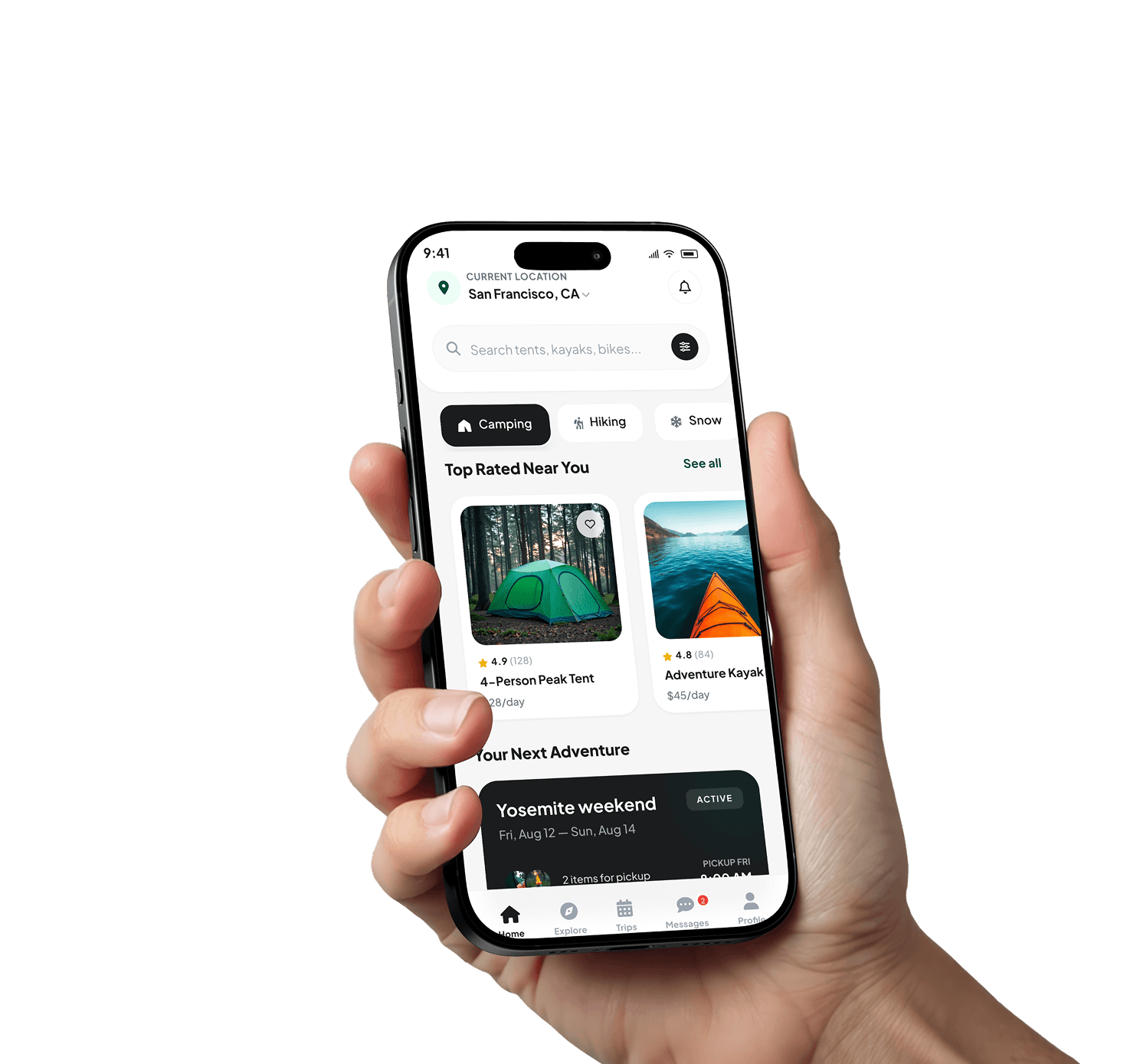 Hand holding a phone with a custom mobile app interface